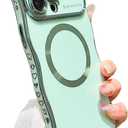 for iPhone 12 Pro Case Magnetic,for Women Girls Soft Cute Wave Frame Curly Shape Love Heart Luxury Plating Phone Case Compatible with MagSafe Shockproof Back Cover 6.1"-Green