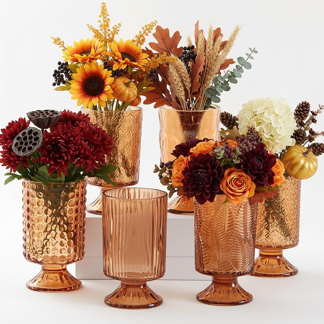 6 Pcs (H:7" W:4") Embossed Flower Vase Pedestal Glass Vase Big Base Thickened Crystal Vintage Vases for Valentines Day Wedding Home Decor Table Centerpiece House Warming Gifts(Amber)