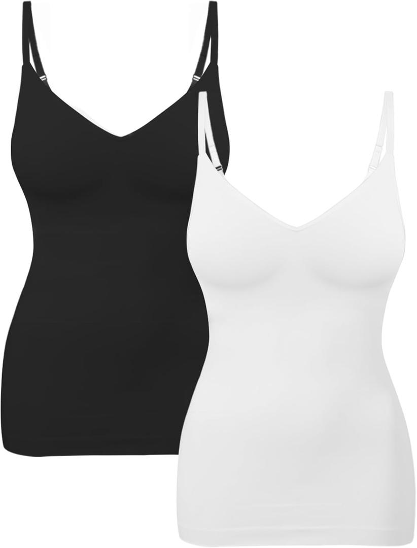 EUYZOU Womens 2PK Tummy Control Shapewear Tank Tops Seamless V-Neck Compression Tank Tops Body Shaper Camisole, Black/White XL
