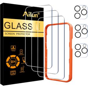Ailun 3 Pack Screen Protector for iPhone 16 Pro Max [6.9 inch] + 3 Pack Camera Lens Protector with Installation Frame,Sensor Protection,Dynamic Island Compatible,Case Friendly Tempered Glass Film