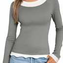 Tankaneo Womens Long Sleeve Shirts Crewneck Patchwork Casual Fitted Tunic Tops Ruffle Lightweight Outfits (Gray, L)