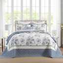 CozyStitch Floral Bedspread 120"x120" Oversized King Bedspread, 100% Cotton California King Quilt with 2 Pillow Shams, Lightweight Farmhouse Quilted Bedspreads Coverlet Set, White/Blue, 3 Pcs