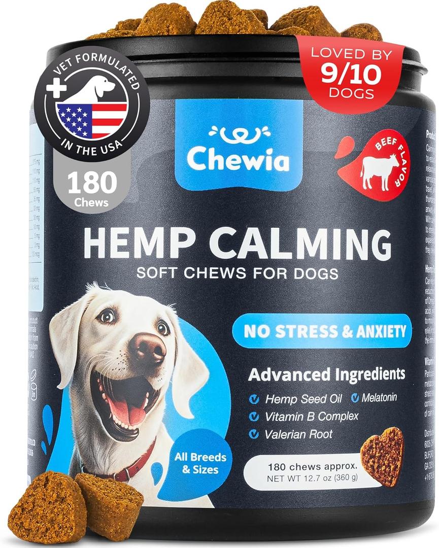 Hemp Calming Chews for Dogs - Dog Calming Treats - Anxiety Relief for Dogs with L-Theanine, Chamomile Extract, Valerian Root - Dog Anxiety Relief for Travel, Vet Visits, Thunderstorms, Nail Trimming (180 count)