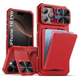 SSLOTSCASE for iPhone 16 Pro Case with Kickstand & Card Holder & Slide Camera Lens Cover, Multifunctional FullBody Rugged Protective Phone Case Cover for iPhone 16 Pro 6.3'' 5G 2024, Red