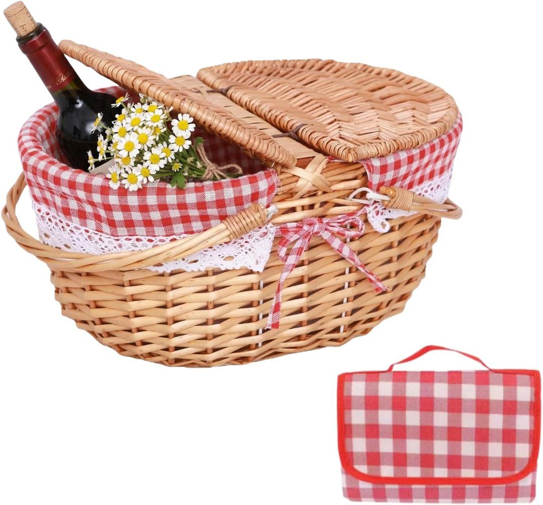 Wicker Picnic Baskets, Country Vintage Picnic Basket with Picnic Cloth Split Lid Picnic Basket, with Folding Handle Picnic Hamper for Picnic Hiking Camping13.78" D x 9.84" W x 6.69" H