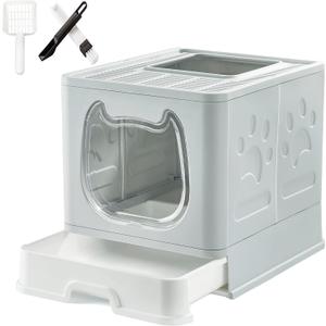Gefryco Litter Box with Lid for Small to Medium Cats, Enclosed Cat Litter Box with CoverHigh Sided Top Entry Cat Box with Brush and Scoop, Cute Kitty Litter Pan with Drawer for Growing Kittens (Grey)