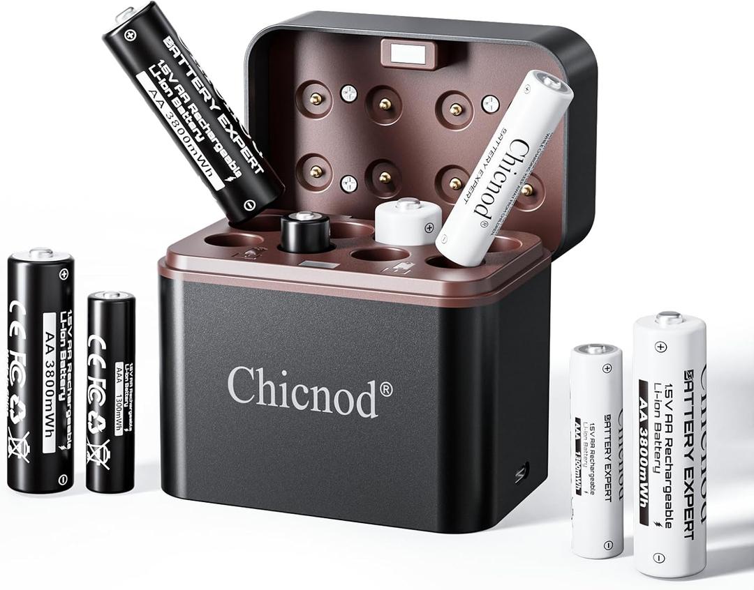 Rechargeable AA/AAA Lithium Batteries with Charger, 4AA and 4AAA Batteries 3800mWh/1300mWh 1.5V Output High Capacity, 8 Slot aa/AAA Li-Ion Battery Charger, 1600+ Cycle Life 2H Fast Charging