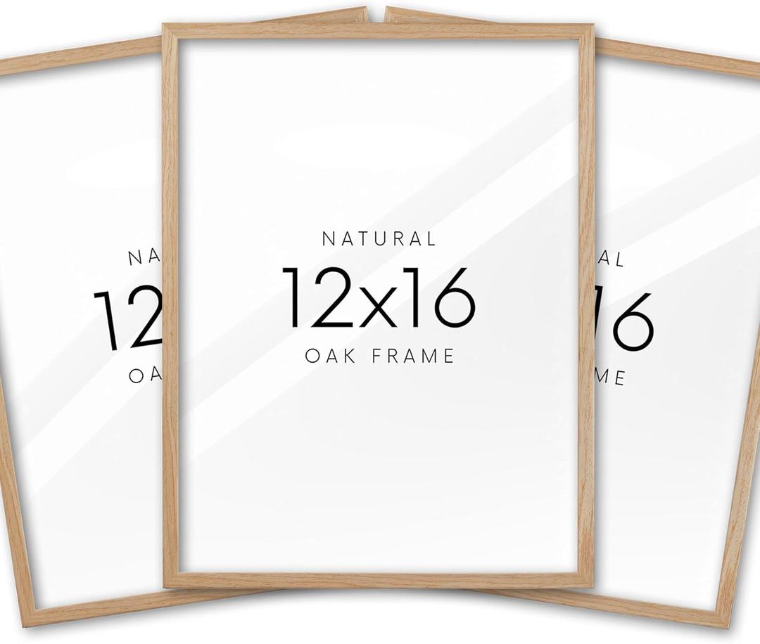 12x16in Oak Wood Picture Frame Set of 3,12"x16" Beige Minimalist Wooden Poster Frames,Natural Solid Wood Picture Frame for Wall Art,Photos,Prints