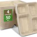 bloomoon 4 Compartment Paper Bowls with Lids, Food-Tray-Style 4 Compartment Catering Bowl with Lid, Disposable Lunch Tray for Food Services at Party, Restaurant, Food Court - 50 Bowls 50 Lids