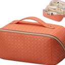 Large Capacity Travel Cosmetic Bag with Compartment - Waterproof PU Leather Portable Checkered Makeup Organizer Bag for Women and Girls - Orange