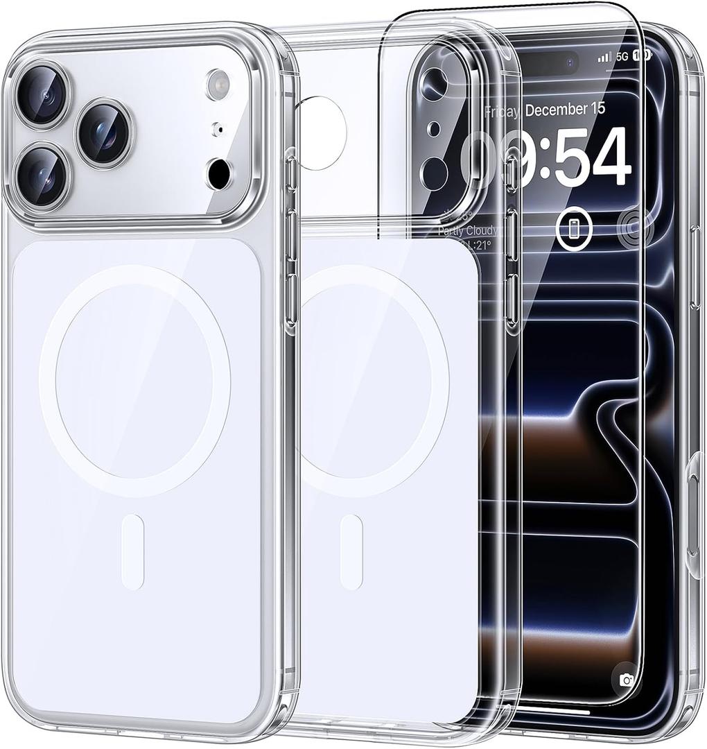 2 x TAURI Original Design for iPhone 17 Pro Case, Compatible with MagSafe with Screen Protector, Anti-Yellowing Military-Grade Protection Shockproof Magnetic iPhone 17 Pro Case, Clear White
