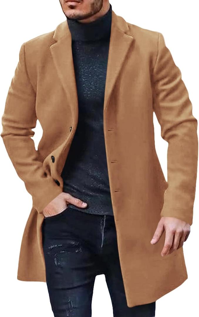 PASLTER Mens Trench Coat Slim Fit Notched Collar Fall Winter Single Breasted Pea Coat Warm Soft Overcoat (Orange), Size: Large