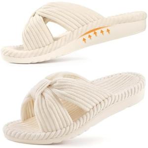 Litfun Orthopedic Arch Support Slippers for Women Comfortable Open Toe Indoor House Slippers Corduroy Cross Bow Bedroom Shoes for Plantar Fasciitis 36