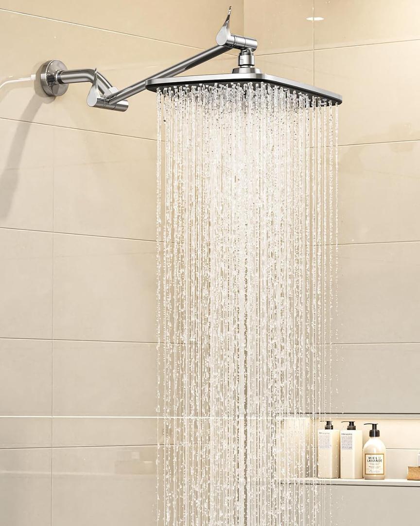 Veken 11.8" Rain Shower Head, Rectangular Rainfall Showerhead with 11" Stainless Steel Exension Arm, Height & Angle Decor Adjustable, High Pressure Shower Heads, Bathroom Accessories, Chrome