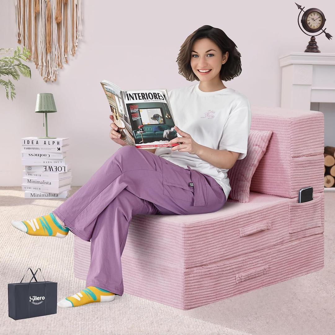 Folding Sofa Bed, 4 in 1 Convertible Sleeper Chair with Pillow, Single Memory Foam Fold Out Chair Bed, Modern Floor Futon Sofa Couch Mattress for Living Room/Guest/Apartment, Pink, Single 76x26x6 in