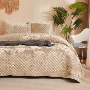 Luxury Soft Velvet Quilt Set Full Queen Size - Lightweight Velvet Bedding Set for All Season, Oversized Bedspread Coverlet Comforter Set with 2 Pillow Shams, Beige Brown, Diamond