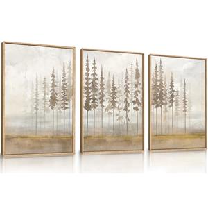 LHIUEM Large Pine Tree Framed Canvas Wall Art Set,Forest Trees Nature Wall Decor,Modern Landscape Artwork, Foggy Forest Painting for Living Room, Bedroom,Office-16 x24 x3