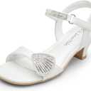 DREAM PAIRS Girls Sandals Ankle Strap Square Toe Low Heel Crystal Shell Wedding Party Flower Dress Shoes for Little Kids/Big Kids (White)