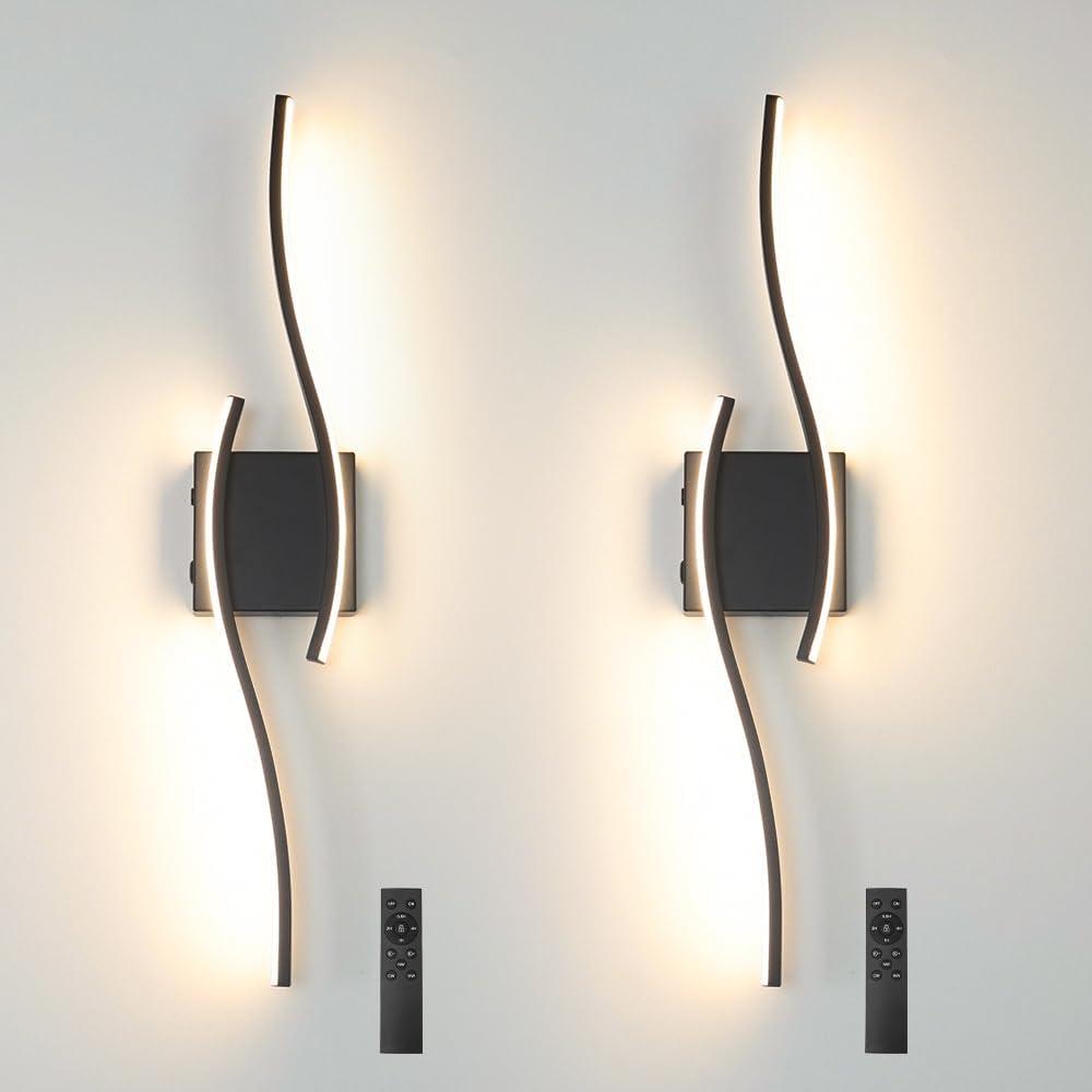 Daunton Modern Battery Operated Wall Sconce Set of 2, Black Dimmable LED Wall Light with Remote Control, 3CCT Adjustable, Timer& Memory Function, Wireless Wall Light for TV Wall Living Room Bedroom