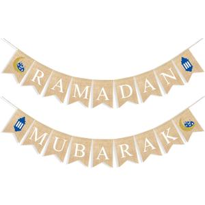 Uniwish Ramadan Mubarak Banner Burlap Bunting Garland Ramadan Decorations for Home Mantle Fireplace Decor Eid Mubarak Party Supplies Islamic Muslim Holiday Photo Props