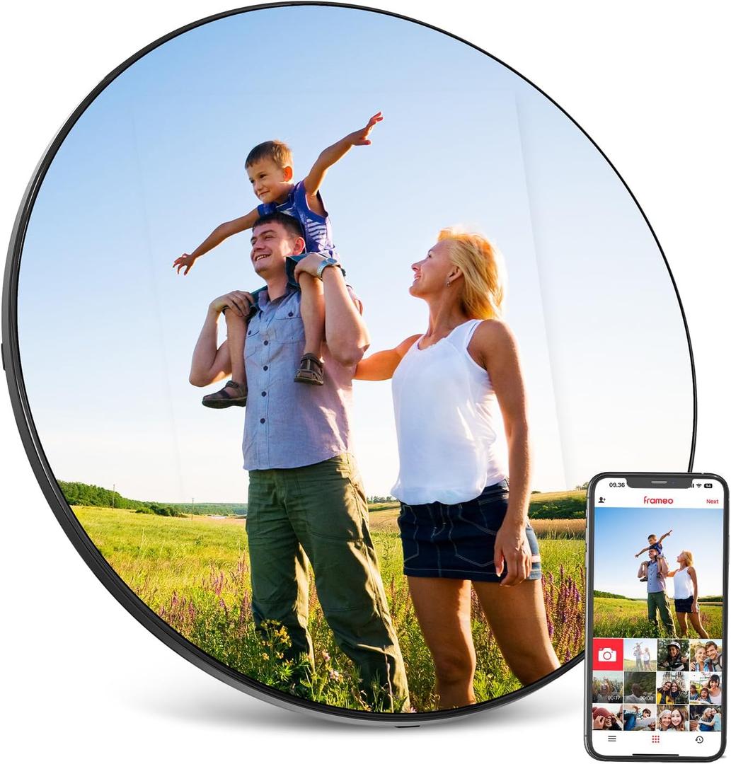 Frameo Digital Mirror Picture Frame, Touch Screen Smart WiFi Round Photo Frame Electronic, 32GB Storage, Wall-Mounted/Tabletop, Share Photos and Video with App