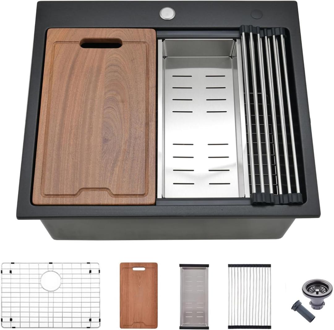 23 Inch Drop in kitchen sink Workstation Black - VOKIM 23"x22" Black Drop-In Top Mount sink Single Bowl Quartz Sink with Cutting Board