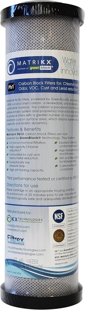KX 06-250-10-GREEN | 10" Pb1 Carbon Block Filters for Chlorine Taste and Odor, VOC, Cyst and Lead Reduction | KX MatriKX Powered by GREENBLOCK | Replaces 06-250-125-975