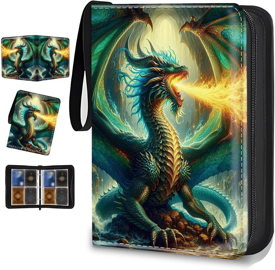 Card Binder 4 Pockets Zip Trading Card Binder for 400 Cards, PU Collection Binder with Removable Sleeves for 50 Pages, Portable Collector Album, Card Book for Game Card, Sports Cards, Gifts (Green Charizard)