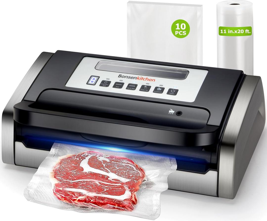 Bonsenkitchen Vacuum Sealer Machine, Globefish Technology for Perfect Vacuum Sealing, Powerful Low-Noise Food Vacuum Sealer with Easy Handle Design, Built-in Cutter & Bag Storage, 1 Bag Roll & 10 Bags (Silver Black)
