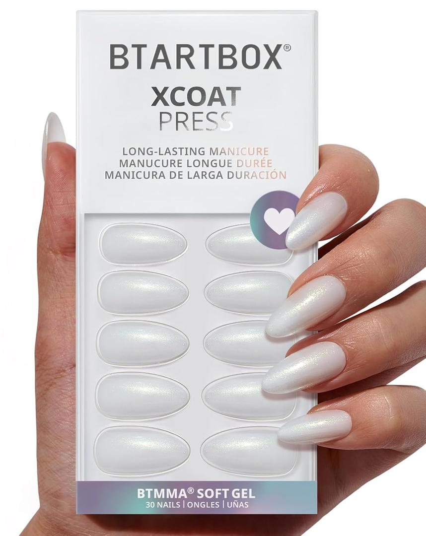 BTArtbox Press On Nails Almond - Lamp-Curable Glitter White Medium Press On Nails with Glue for Women, Semi-Transparent Soft Gel Glue On Nails in 15 Sizes - 30 Stick On Nails Kit, Disco Ball