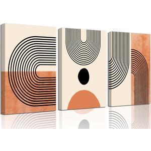 3Pcs Minimalist Boho Canvas Wall Art Beige Orange Bohemian Line Wall Decor Pictures Modern Mid Century Posters Prints Abstract Neutral Geometric Paintings for Living Room Bedroom Home Decoration (12x16in)