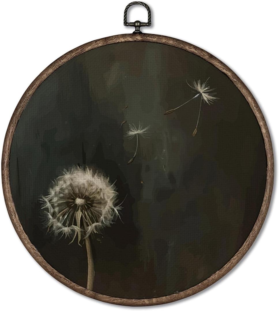 Giosve Vintage Gothic Dandelion Floral Round Wall Art Canvas Framed Poster, Dark Academia Goth Moody Floral Hanging Wall Sculptures for Home Bedroom Living Room Office Decor, 10x10 Inch