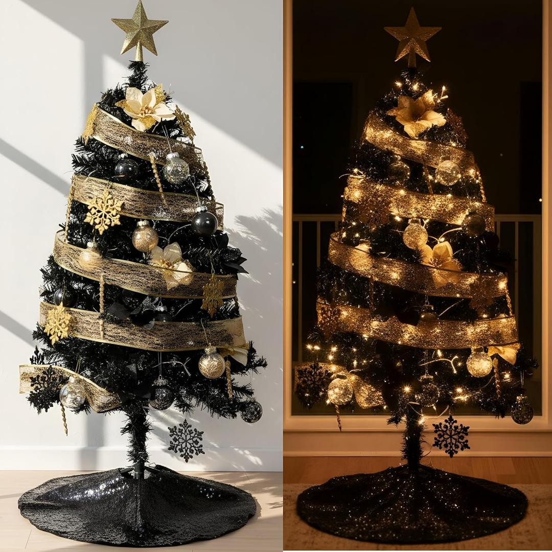 44 Pcs 4 ft Half Christmas Tree for Wall Corner Christmas Tree with Xmas Ball Light String Icicle Flowers Snowflake Ribbon Top Star for Holiday Indoor Party Decoration(Black)