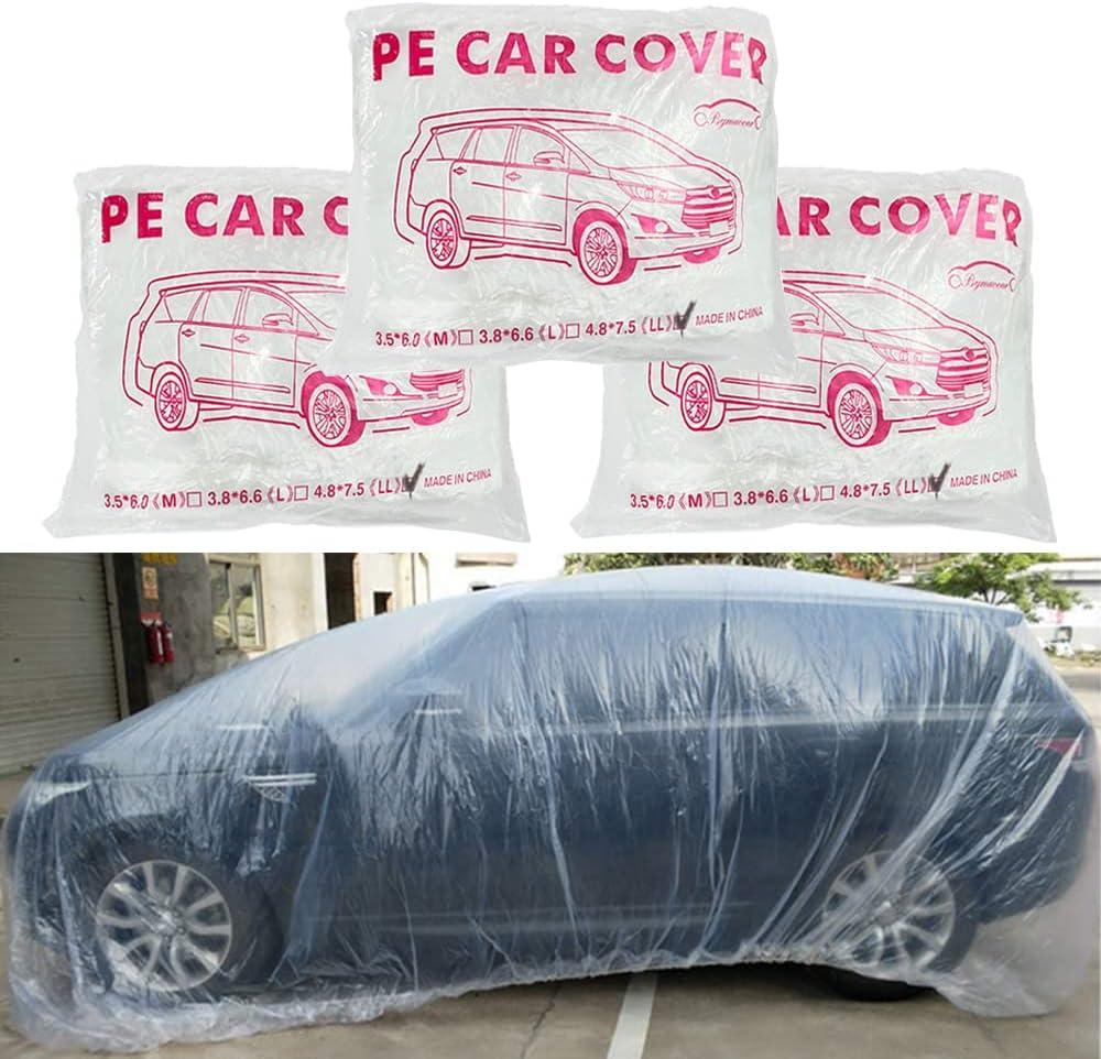 Disposable Car Cover 3 Pack Clear Plastic Car Cover Universal Rain Dust Garage Cover with Elastic Band Medium (15.7' x 24.8')