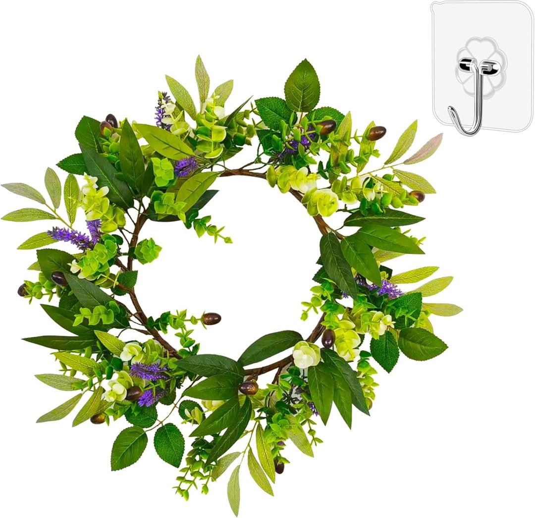 Spring Summer Wreath for Front Door, 18 Inch Olive Leaf Wreath with Lavender, Eucalyptus, Clover & Olive Fruits, Farmhouse Greenery Wreath for Indoor Outdoor Home Decor Festival Wedding Decor