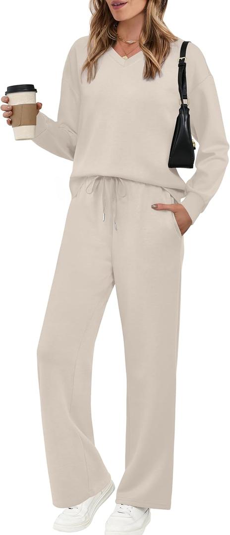WIHOLL Lounge Sets for Women 2026 V Neck 2 Piece Outfits Airport Wide Leg Pants Matching Set Sweatsuits (X-Small)