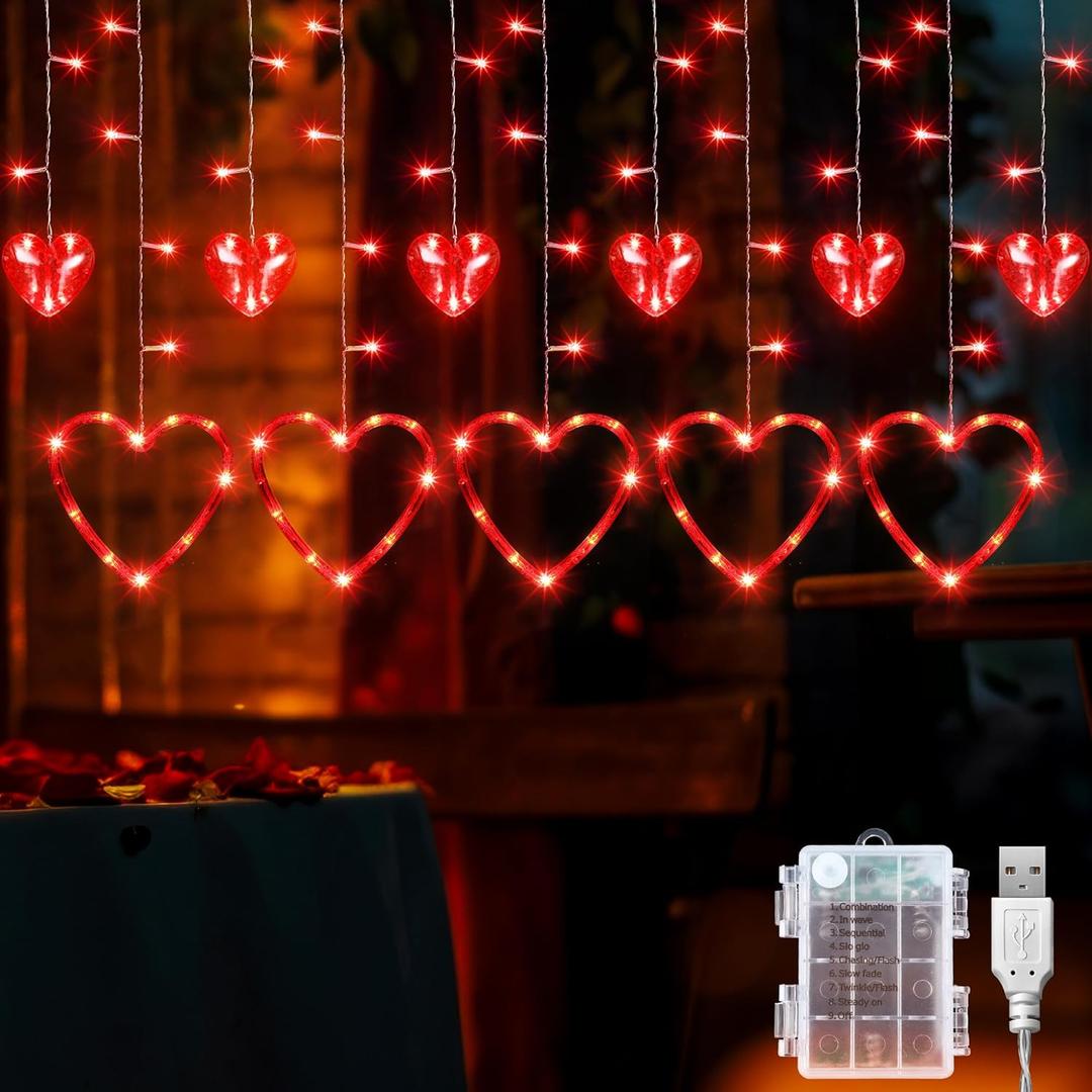 Hiboom Heart Curtain Lights,Romantic Love Window Lights,USB Plug and Battery Powered,123 LED 11 Love Heart Light up String Lights for Valentines Mother's Day Room Decoration(Red)