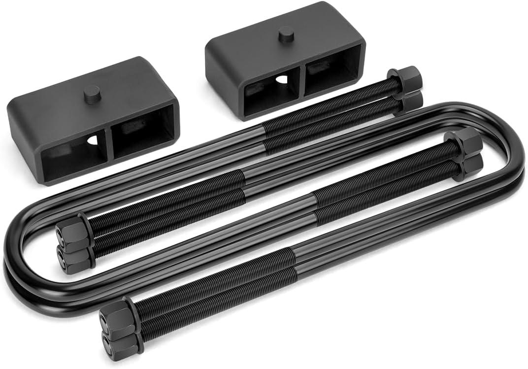 Dynofit 2in Lift Kit for F-250 F-350 Super Duty (2011-2024), 2-Piece Lift Blocks & 4-Piece Rear Axle Extended U Bolts (Round U-Bolts) Compatible with Ford F250 F350 SRW Suspension Leaf Spring
