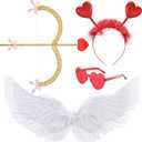 Coume Valentine Cupid Costume Accessories Set for Women Kid Angel Outfits Bow Arrow Heart Headwear Sunglasses Feather Wings(S,White,Gold)