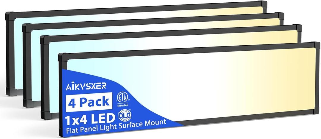 AIKVSXER 4 Pack 1x4 LED Flat Panel Light 6500LM Ultra-Bright, Dimmable 30-50W, 3000K-6500K Adjustable, 0-10V Dimming, Slim Surface Mount Ceiling Light for Office, Home, Garage Black