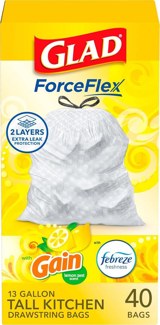Glad ForceFlex Tall Kitchen Drawstring Trash Bags, 13 Gal, Gain Lemon Zest, 40 Ct