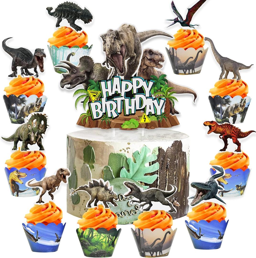 Dinosaur Cake Toppers & Decorations - 49 Pcs, Cupcake Wrappers, Baby Shower & Kids Party Supplies