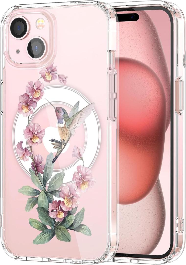 MAYCARI for iPhone 15 Pro Max Case Compatible with MagSafe, Magnetic Cute Pink Floral Hummingbird Clear Cover for Girls Women Soft TPU Hard Back Shockproof Protective Case for iPhone 15 Pro Max 6.7"
