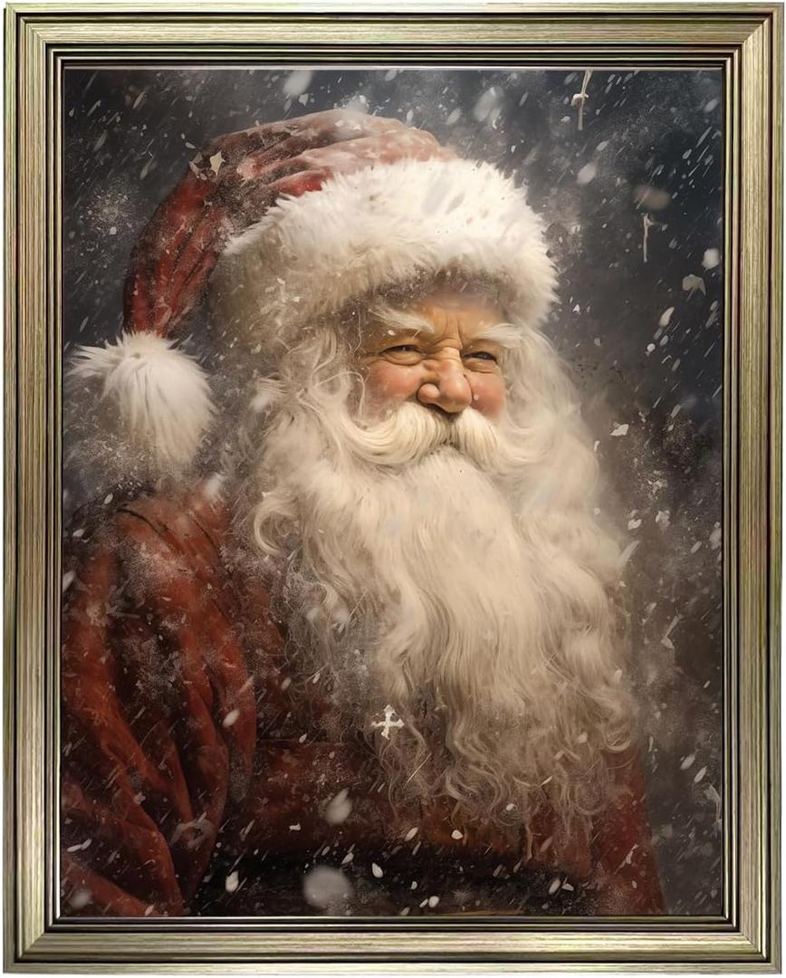 Framed Christmas Wall Art, Vintage Santa Claus Portrait Canvas Print Decor, Christmas Pictures Wall Decor, Winter Holidays Pictures Painting, Farmhouse Artworks for Home (14"L x 11"W)