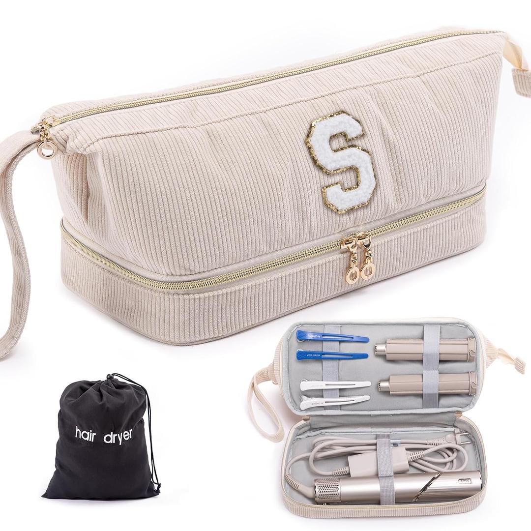 Initial Personalized Hair Dryer Case,Double-Layer Hair Tools Travel Carrying Case for Shark FlexStyle/SmoothStyle with Hair Dryer Bag - Hair Air Wrap Dryer Case Flat Curling Iron Travel Organizer (Ivory)