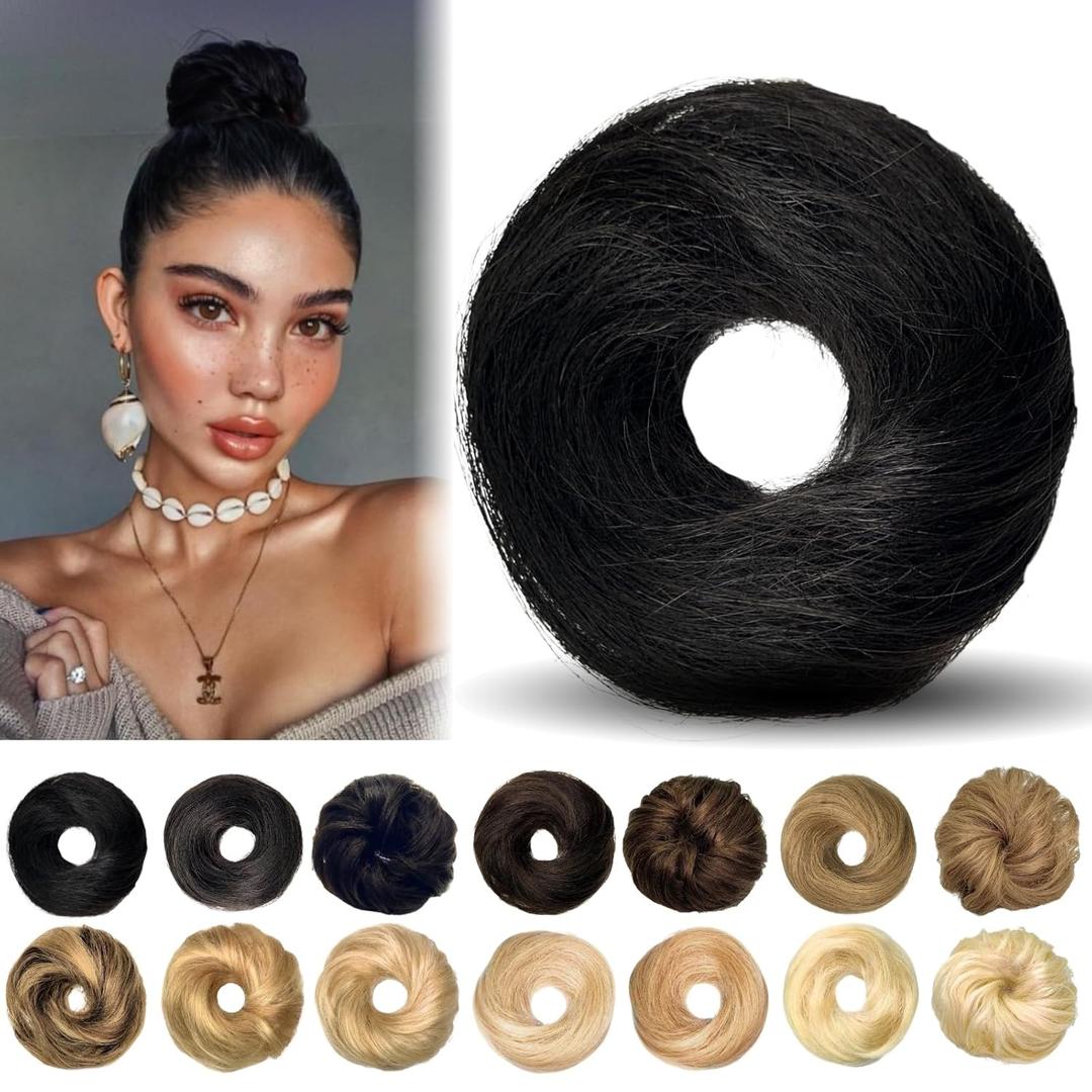 Messy Bun Hair Piece Human Hair Scrunchies 100% Human Hair, Messy Bun Hair Scrunchie Real Hair Bun Tousled Updo Chignons Stretchy Fluffy for Women Girls (Jet Black) (3.5 Inch)