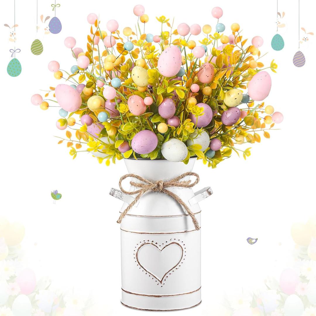 6 Pcs Easter Table Centerpieces Decoration Include 5 Easter Egg Artificial Floral Bunches Stem with Vintage Metal Vase Potted Egg Flower Picks Arrangement for Spring Party Office Home
