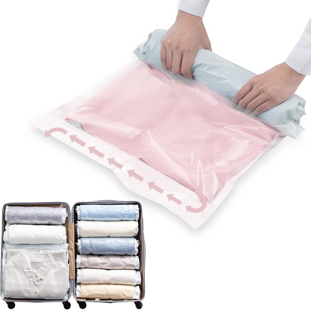 TAILI 10 Pack Travel Compression Bags, Roll Up Space Saver Bags (5 Large+5 Medium), No Vacuum Needed Packing for Luggage, Suitcase, Backpack, Travel Essentials, Cream