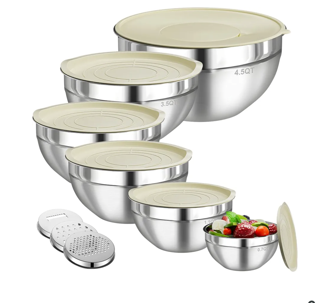 Mixing Bowls with Lids Set, 6 PCS Stainless Steel Mixing Bowls with 3 Grater Attachments, Kitchen Food Storage Organizers Nesting Mixing Bowl, Large Size 4.5, 3.5, 2.1, 1.5, 1.1, 0.7QT
