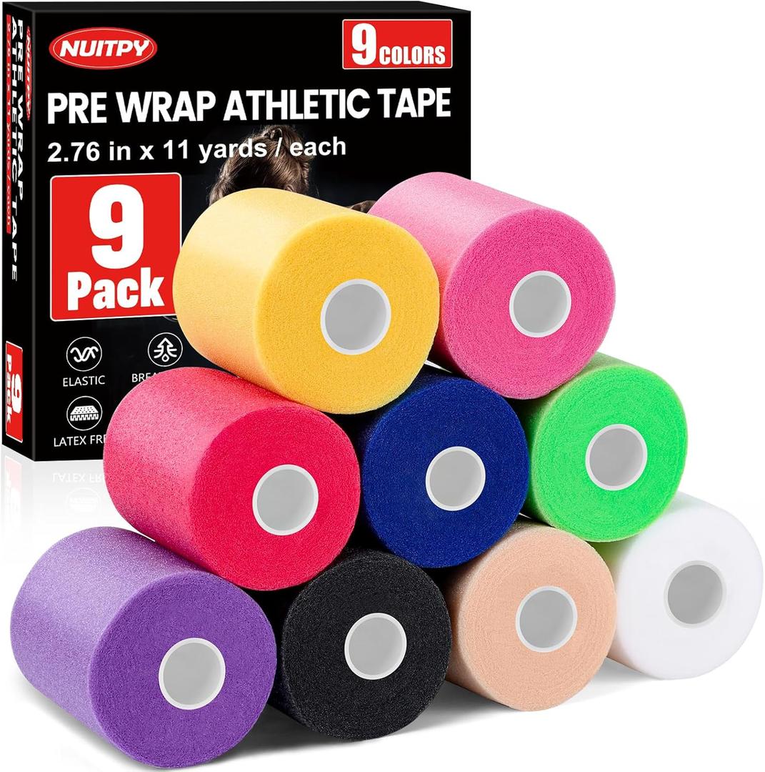 9 Pack Pre Wrap Tape, 9 Colors 2.76 Inch x 11 Yards Prewrap Athletic Tape for Hair Soccer, Pre Wrap Foam Tape, Soccer Pre Wrap Tape, Prewrap Headbands for Hair (Blue, pink, purple, white, red, black, skin, green, yellow)